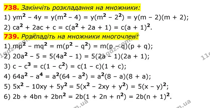 738. Закінчіть розкладання на множники: — ГДЗ Алгебра 7 клас Істер 2020