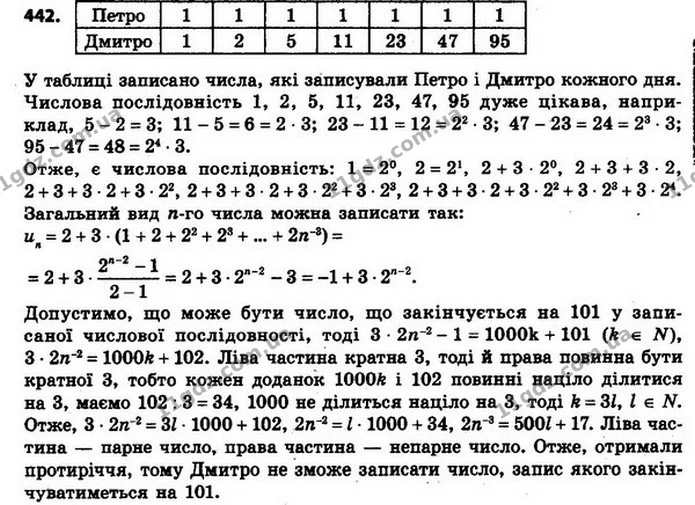 442. Петро та Дмитро щодня записують по одному числу. Першого дня кожний із хлопців записав число 1. Кожного наступного дня Петро — ГДЗ Алгебра 8 клас Мерзляк, Полонський 2021