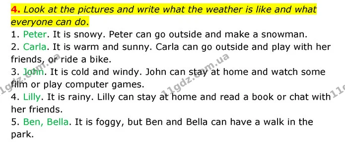 4. Look at the pictures and write what the weather is like and what everyone can do. — ГДЗ Робочий зошит Англійська мова 5 клас Карпюк