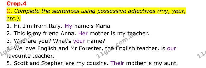 C. Complete the sentences using possessive adjectives (my, your, etc.). — ГДЗ Зошит граматика Англійська мова Мітчелл