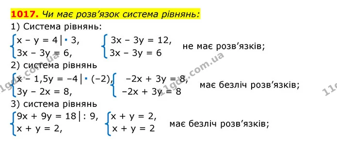 1017. Чи має розв’язок система рівнянь: — ГДЗ Алгебра 7 клас Мерзляк, Полонський 2015