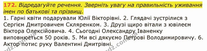 172. Відредагуйте речення. Зверніть увагу на правильність уживання імен по батькові та прізвищ. — ГДЗ Українська мова 6 клас Заболотний 2019