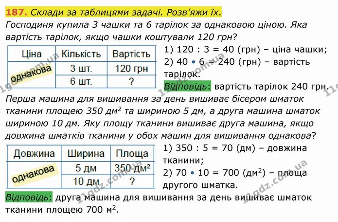 187. Склади за таблицями задачі. Розв’яжи їх. — ГДЗ Математика 4 клас Заїка