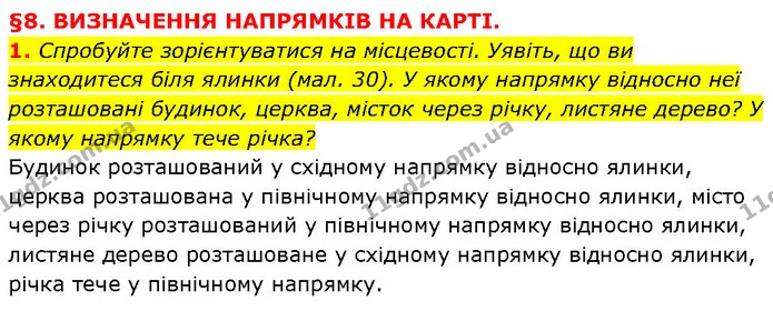 1. Спробуйте зорієнтуватися на місцевості. Уявіть, що ви знаходитеся біля ялинки (мал. 30). У якому напрямку відносно неї — ГДЗ Географія 6 клас Запотоцький