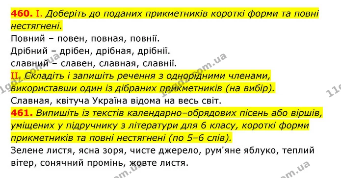 460. І. Доберіть до поданих прикметників короткі форми та повні нестягнені. — ГДЗ Українська мова 6 клас Заболотний 2023