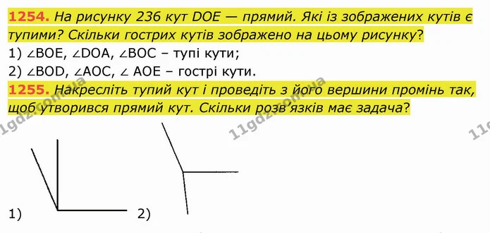 1254. На рисунку 236 кут DOE — прямий. Які із зображених кутів є тупими? Скільки гострих кутів зображено на цьому рисунку? — ГДЗ Математика 5 клас Мерзляк