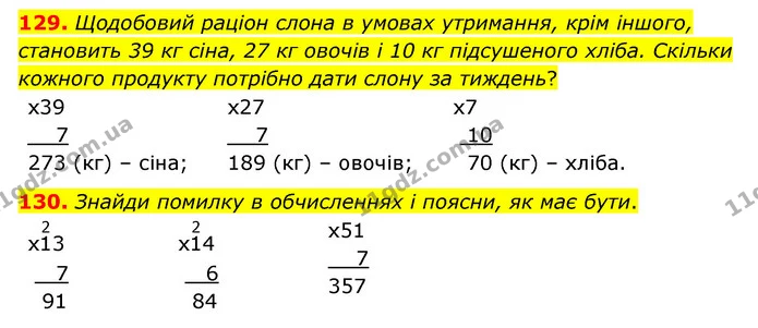 129. Щодобовий раціон слона в умовах утримання, крім іншого, становить 39 кг сіна, 27 кг овочів і 10 кг підсушеного хліба. Скільки — ГДЗ Математика 4 клас Бевз 1 та 2 частини