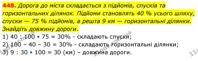 448. Дорога до міста складається з підйомів, спусків та горизонтальних ділянок. Підйоми становлять 40 % усього шляху, спуски — 75 % — ГДЗ Математика 6 клас Кравчук 2023