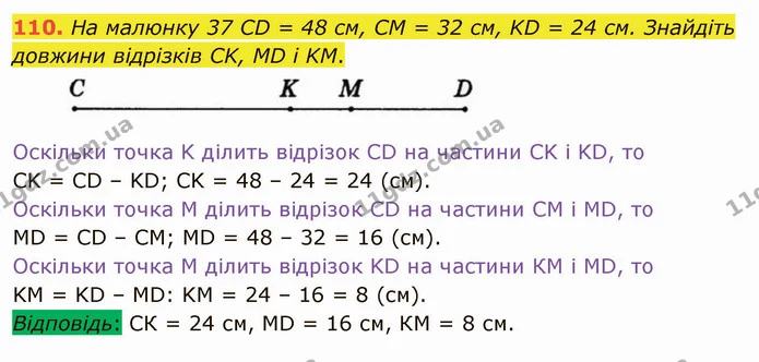 110. На малюнку 37 CD = 48 см, CM = 32 см, KD = 24 см. Знайдіть довжини відрізків CK, MD і KM. — ГДЗ Математика 5 клас Тарасенкова 2022