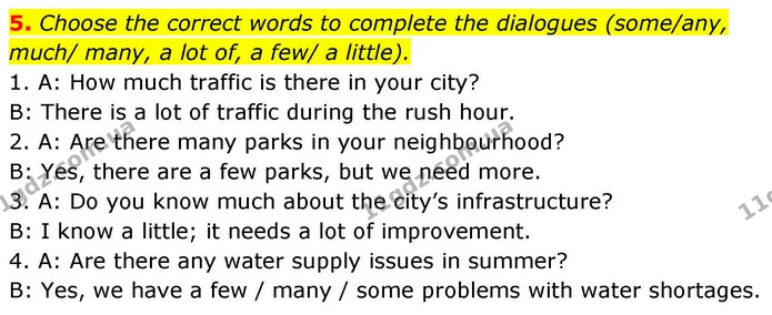 5. Choose the correct words to complete the dialogues (some/any, much/ many, a lot of, a few/ a little). — ГДЗ зошит Grammar Англійська мова 8 клас Prepare 2025