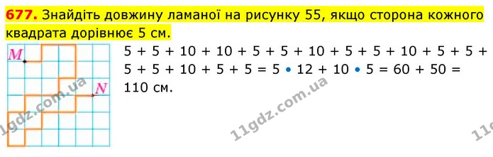677. Знайдіть довжину ламаної на рисунку 55, якщо сторона кожного квадрата дорівнює 5 см. — ГДЗ Математика 5 клас Кравчук