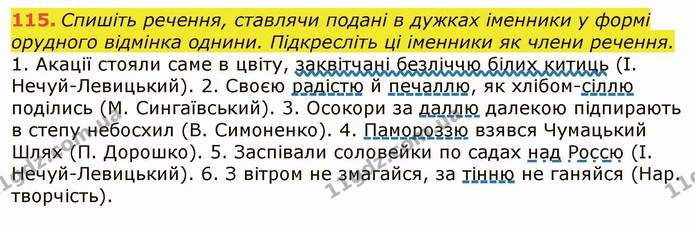 115. Спишіть речення, ставлячи подані в дужках іменники у формі орудного відмінка однини. Підкресліть ці іменники як члени речення. — ГДЗ Українська мова 6 клас Заболотний 2019