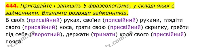 444. Пригадайте і запишіть 5 фразеологізмів, у складі яких є займенники. Визначте розряди займенників. — ГДЗ Українська мова 6 клас Голуб 2023