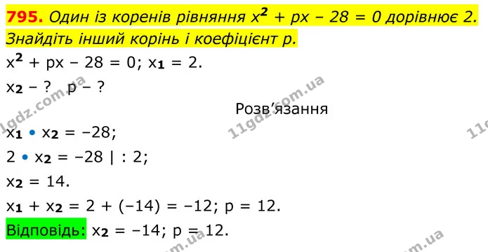 795. Один із коренів рівняння x2 + рх – 28 = 0 дорівнює 2. — ГДЗ Алгебра 8 клас Тарасенкова