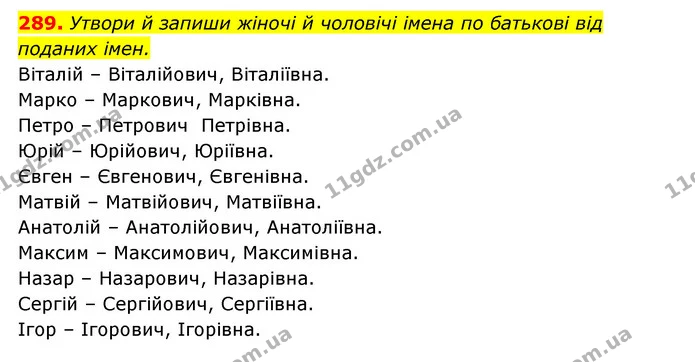 289. Утвори й запиши жіночі й чоловічі імена по батькові від — ГДЗ Українська мова 6 клас Онатій