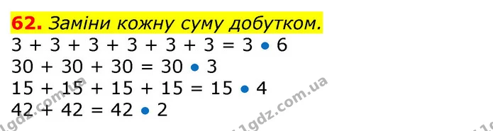 62. Заміни кожну суму добутком. — ГДЗ Математика 3 клас Листопад 1-2 ч.