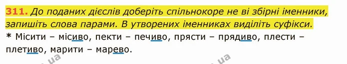 311. До поданих дієслів доберіть спільнокоре не ві збірні іменники, запишіть слова парами. В утворених іменниках виділіть суфікси. — ГДЗ Українська мова 6 клас Глазова