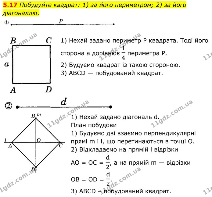 5.17 Побудуйте квадрат: 1) за його периметром; 2) за його діагоналлю. — ГДЗ Геометрія 8 клас Істер