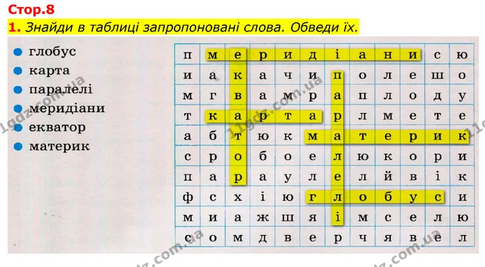 1. Знайди в таблиці запропоновані слова. Обведи їх. — ГДЗ Робочий зошит Я досліджую світ 4 клас Гільберг