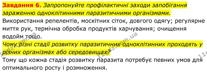 6. Запропонуйте профілактичні заходи запобігання зараженню одноклітинними паразитичними організмами. — ГДЗ Робочий зошит Біологія 7 клас Мирна 2024