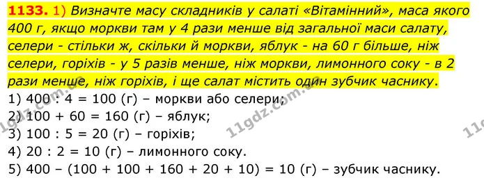 1133. 1) Визначте масу складників у салаті «Вітамінний», маса якого 400 г, якщо моркви там у 4 рази менше від загальної маси салату — ГДЗ Алгебра 7 клас Істер 2020