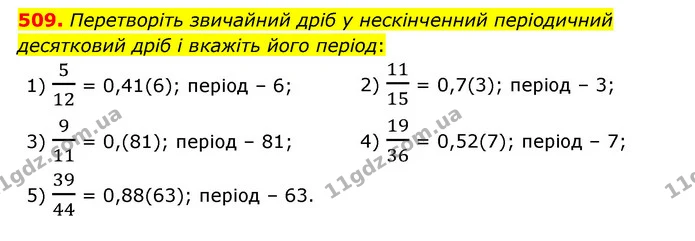 509. Перетворіть звичайний дріб у нескінченний періодичний десятковий дріб і вкажіть його період: — ГДЗ Математика 6 клас Мерзляк 2023 1-2 ч.