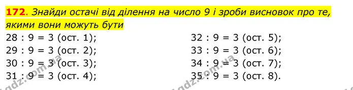 172. Знайди остачі від ділення на число 9 і зроби висновок про те, якими вони можуть бути — ГДЗ Математика 3 клас Бевз 2 частина