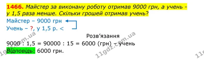 1466. Майстер за виконану роботу отримав 9000 грн, а учень – — ГДЗ Математика 5 клас Бевз