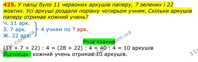425. У папці було 11 червоних аркушів паперу, 7 зелених і 22 жовтих. Усі аркуші роздали порівну чотирьом учням. Скільки аркушів паперу — ГДЗ Математика 3 клас Листопад 1-2 ч.