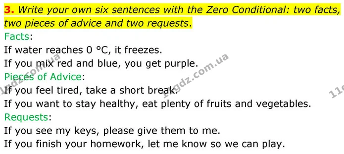 3. Write your own six sentences with the Zero Conditional: two facts, two pieces of advice and two requests. — ГДЗ зошит grammar Англійська мова 7 клас Карпюк