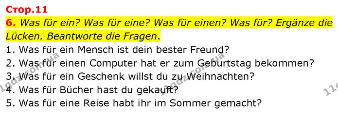 6. Was für ein? Was für eine? Was für einen? Was für? Ergänze die Lücken. Beantworte die Fragen. — ГДЗ Німецька мова 7 клас Басай