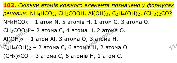 102. Скільки атомів кожного елемента позначено у формулах — ГДЗ Хімія 7 клас Попель 2020