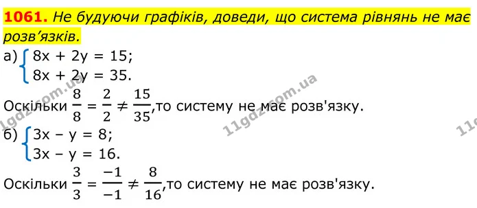 1061. Не будуючи графіків, доведи, що система рівнянь не має — ГДЗ Алгебра 7 клас Бевз