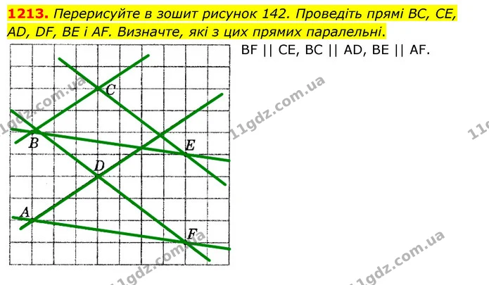 1213. Перерисуйте в зошит рисунок 142. Проведіть прямі BC, CE, AD, DF, BE і AF. Визначте, які з цих прямих паралельні. — ГДЗ Математика 6 клас Мерзляк 2023 1-2 ч.