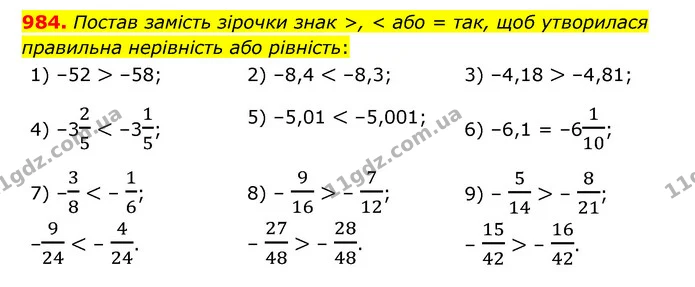 984. Постав замість зірочки знак >, < або = так, щоб утворилася правильна нерівність або рівність: — ГДЗ Математика 6 клас Істер 2023 1-2 ч.