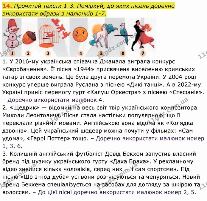 14. Прочитай тексти 1-3. Поміркуй, до яких пісень доречно використати образи з малюнків 1-7. — ГДЗ Українська мова 5 клас Онатій