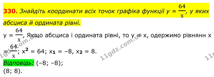 330. Знайдіть координати всіх точок графіка функції y = 64х, у яких абсциса й ордината рівні. — ГДЗ Алгебра 8 клас Мерзляк
