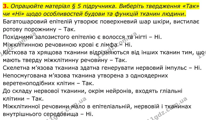 3. Опрацюйте матеріал § 5 підручника. Виберіть твердження «Так» чи «Ні» щодо особливостей будови та функцій тканин людини. — ГДЗ Робочий зошит Біологія 8 клас Кулініч