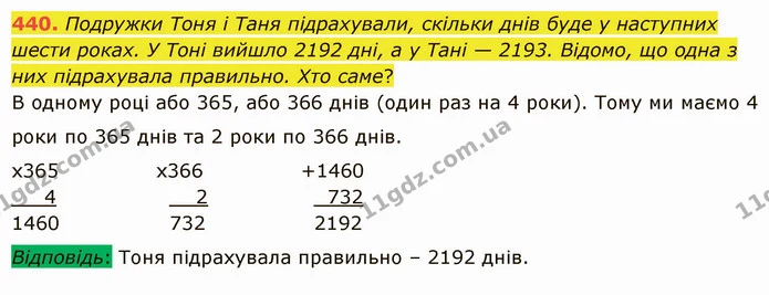 440. Подружки Тоня і Таня підрахували, скільки днів буде у наступних шести роках. У Тоні вийшло 2192 дні, а у Тані — 2193. Відомо, що — ГДЗ Математика 5 клас Істер 2022
