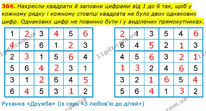 364. Накресли квадрати й заповни цифрами від 1 до 6 так, щоб у кожному рядку і кожному стовпці квадрата не було двох однакових цифр — ГДЗ Математика 4 клас Лишенко 1-2 ч.
