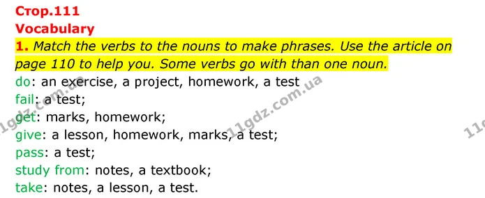 1. Match the verbs to the nouns to make phrases. Use the article on page 110 to help you. Some verbs go with than one noun. — ГДЗ Англійська мова 6 клас Коста (Prepare 6)