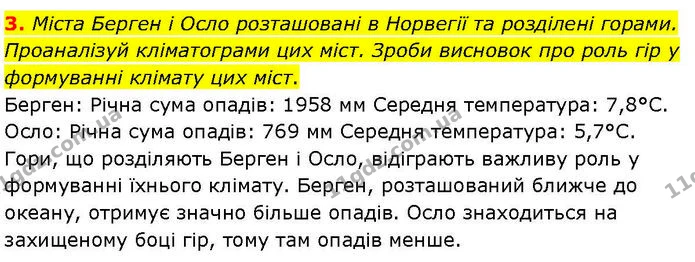 3. Міста Берген і Осло розташовані в Норвегії та розділені горами. Проаналізуй кліматограми цих міст. Зроби висновок про роль гір у — ГДЗ робочий зошит Географія 7 клас Гільберг
