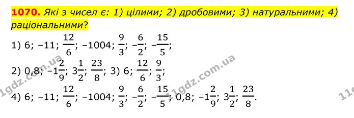 1070. Які з чисел є: 1) цілими; 2) дробовими; 3) натуральними; 4) раціональними? — ГДЗ Математика 6 клас Тарасенкова 2023 1-2 ч.