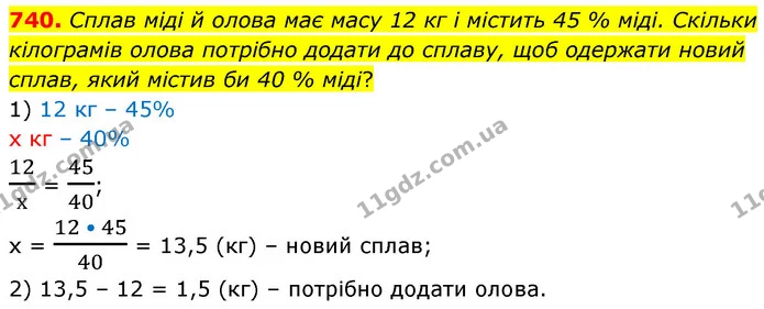 740. Сплав міді й олова має масу 12 кг і містить 45 % міді. Скільки кілограмів олова потрібно додати до сплаву, щоб одержати новий — ГДЗ Математика 6 клас Кравчук 2023