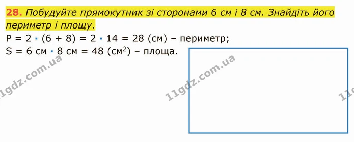28. Побудуйте прямокутник зі сторонами 6 см і 8 см. Знайдіть його периметр і площу. — ГДЗ Математика 5 клас Тарасенкова 2022
