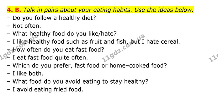 4. B. Talk in pairs about your eating habits. Use the ideas below. — ГДЗ Англійська мова 6 клас Мітчелл