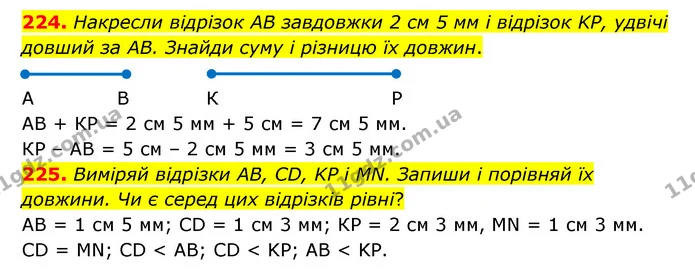 224. Накресли відрізок AB завдовжки 2 см 5 мм і відрізок KP, удвічі довший за AB. Знайди суму і різницю їх довжин. — ГДЗ Математика 5 клас Бевз