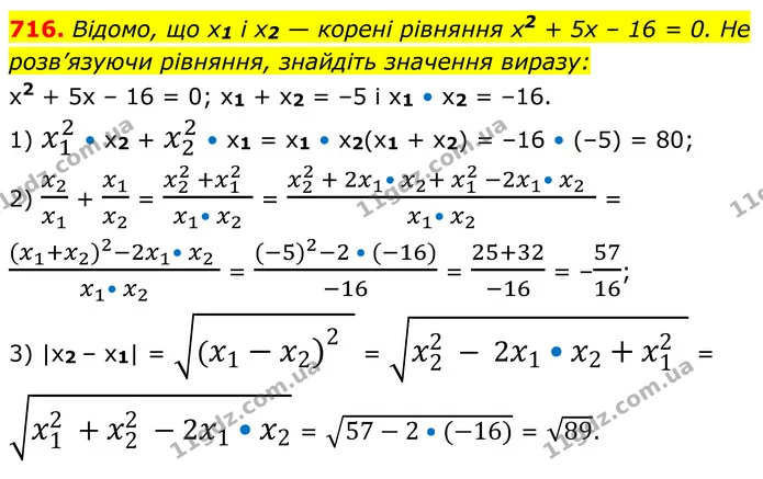716. Відомо, що x1 і x2 — корені рівняння x2 + 5x – 16 = 0. Не — ГДЗ Алгебра 8 клас Мерзляк
