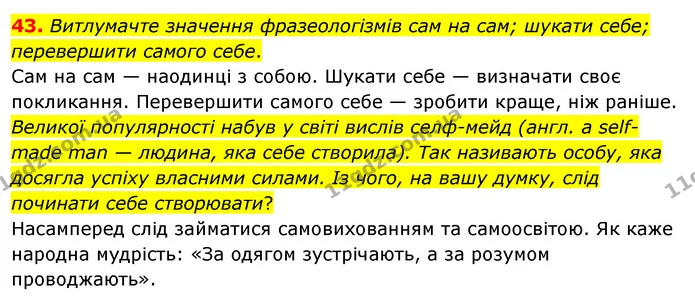 43. Витлумачте значення фразеологізмів сам на сам; шукати себе; перевершити самого себе. — ГДЗ Українська мова 8 клас Глазова О.П. 2021