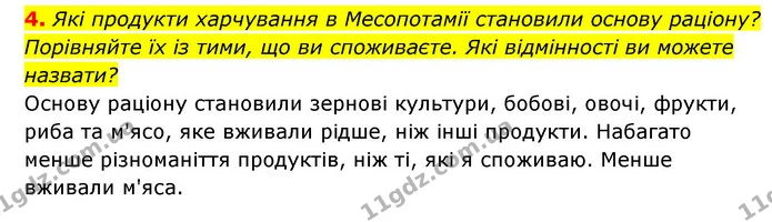 4. Які продукти харчування в Месопотамії становили основу раціону? Порівняйте їх із тими, що ви споживаєте. Які відмінності ви можете — ГДЗ Історія України 6 клас Гісем